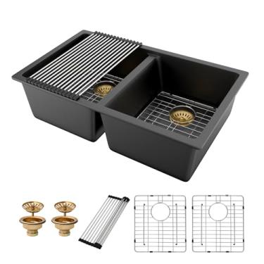 Imagem de Pia de cozinha composta de granito 33 tigela dupla - Donsdey Pia de cozinha preta de 83 cm 50/50 tigela dupla montagem embaixo da pia de granito preto fosco composto de quartzo sob a bancada
