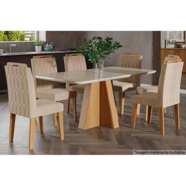 Imagem de Kit Mesa Sala Jantar Maitê C- Tampo Madeirado C- Vidro 160cm + 6 Cadeiras Paola Nature-ow-nude Cimol