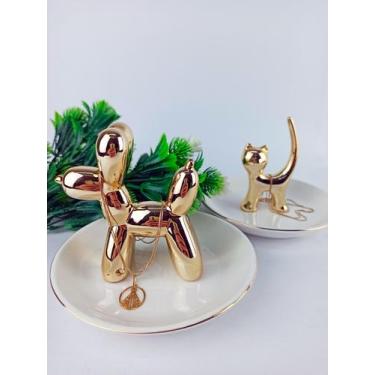 Imagem de Porta Jóia Pequeno Cerâmica Luxo Dourado Cachorro 13cm - Zona Livre