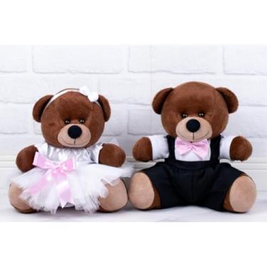 Imagem de Ursos de Pelúcia Casal Tedde Marron 15 cm, Conjunto de 2, Vestido Branco e Macacão Preto (Tedde Pajem Preto, Daminha Branca, detalhes rosa - Pelúcia Marrom)