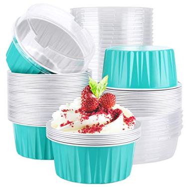Imagem de Copos de folha de alumínio, EUSOAR 50 peças de 50 peças de copos de cozimento com tampas, 8,5 cm x 6,6 cm x 6 cm 125 ml lanches sobremesas pude, clube de encontro econômico de catering clube chuveiro lembrancinha de festa de casamento copos de cozimento - azul