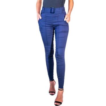 Imagem de Calça Skinny Bengaline Wolfox Com Cinto Cintura Alta, Marinho, GG