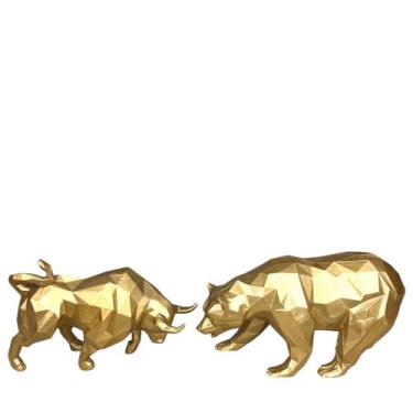 Imagem de Enfeite Kit Urso e Touro geométrico Wall Street de Resina Dourado - VD