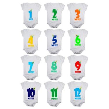 Imagem de Kit body mesversario manga curta números chapéu 12 bodies de bebê 1 a 