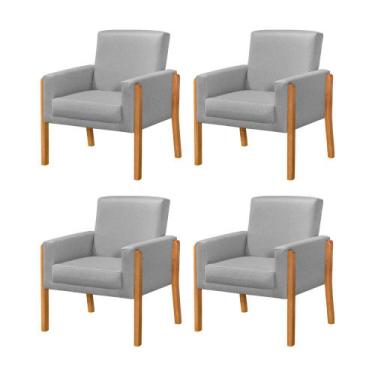 Imagem de Kit 4 Poltronas Sala de Espera Pés em Madeira Santorini Linho Cinza - 