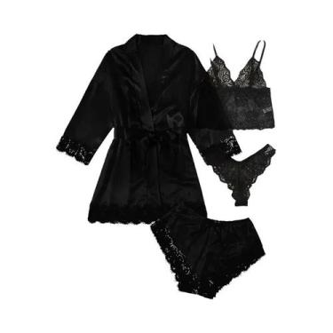 Imagem de Conjunto de Pijama Sexy Feminino em Cetim - 4 Peças com Roupão, BR-P, 