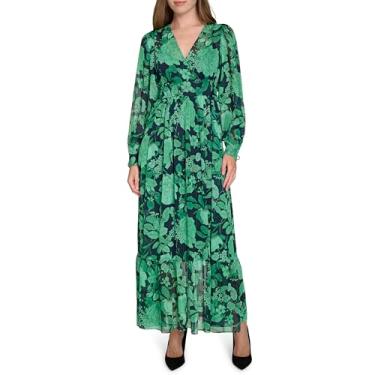 Imagem de Tommy Hilfiger Vestido longo feminino com manga balão e gola sobrepeliz, Capitão do céu/verde abundante, 38