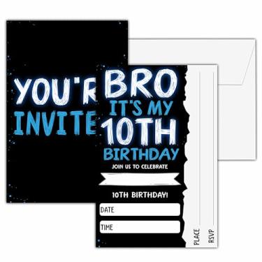 Imagem de seclate Convites de aniversário de 10 anos para meninos, 25 cartões de convite frente e verso com 25 envelopes, suprimentos de decoração de festa preto e azul - D10