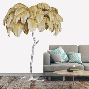 Imagem de Lâmpada de pé moderna, luz de proteção ocular regulável com abajur de penas, corpo e pedal prateados de resina, lâmpada de leitura de penas de chão