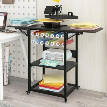Imagem de PUNCIA Mesa De Prensa Térmica Móvel De 3 Níveis Com Suporte Para Rolo De Vinil, Suporte De Transferência De Calor Com Prateleira Dobrável, Bancada De Trabalho Com Rolamento Resistente Para Máquina D