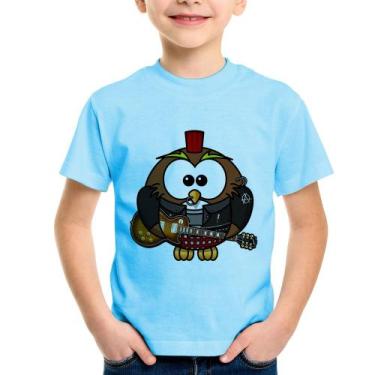 Imagem de Camiseta Infantil Coruja Rock Guitarra - Foca na Moda, Azul bebê, 14