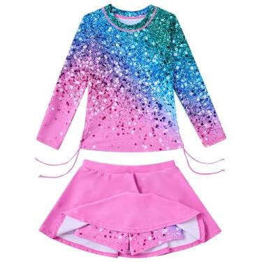 Imagem de swimsobo Roupa de banho para meninas Rash Guard de duas peças, roupa de banho de manga comprida, saia de natação com shorts, roupa de banho 3-12 anos, Verde cintilante, 7-8 Anos