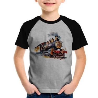 Imagem de Camiseta Raglan Infantil Trem Watercolor - Foca na Moda, Cinza, Preto,