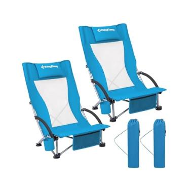 Imagem de KingCamp Beach Adults 2 Pacote com 2 cadeiras de assento baixo dobrável, portátil, leve, com travesseiro, suporte de copo para atividades ao ar livre, areia, acampamento, gramado, concerto, viagem, festival, encosto alto, azul 2