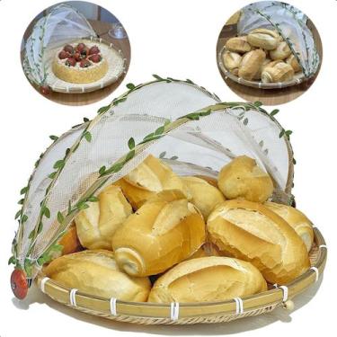 Imagem de Cesto Porta Pão/Bolo De Bambu Grande 40cm C/ Cobertura Retrátil Redond