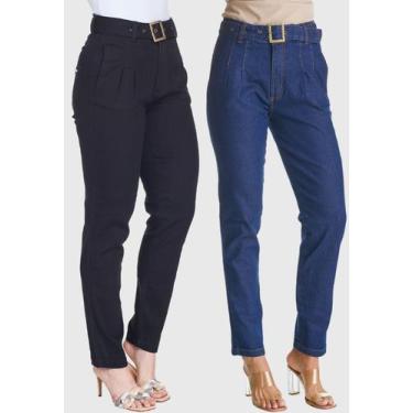 Imagem de Kit 2 Calças Jeans Feminina Reta Classic com Cinto Cintura Alta Azul e