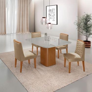 Imagem de Mesa de Jantar Eloise 90cm Tampo MDF Vidro Canto Copo com 4 Cadeiras Eloise Moderna Mobília