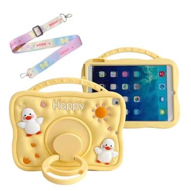 Imagem de SINQERISHT Capa para tablet Samsung Galaxy Tab A7 Lite 22.1 cm 2021 | SM-T220/T225 Capa com suporte giratório de 360°/pega/alça de ombro, capa de silicone à prova de choque 3D Kawaii Duck (amarelo)