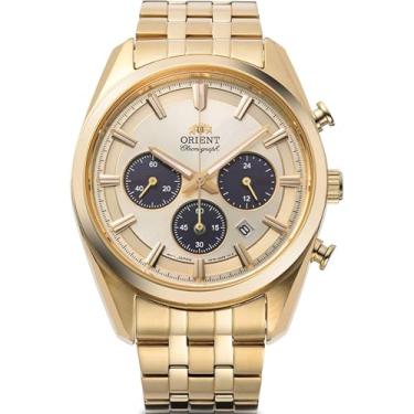Imagem de Orient Stretto Relógio masculino com cronógrafo solar, mostrador champanhe, pulseira dourada, RA-TX0301G10B, Champanhe, Clássico