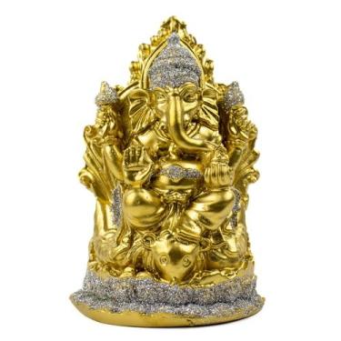 Imagem de Escultura Ganesh no Trono Dourado 12 cm em Resina - Lua Mística - 100%