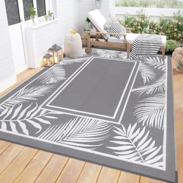 Imagem de Bsmathom Tapete impermeável para ambientes externos, 2,7 x 3,7 m, grande, reversível, boho, plástico, palha, terraço, praia, piscina, cinza