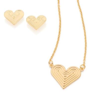 Imagem de Colar + Brincos Rommanel Banhados A Ouro 18k Coração Trabalhado Design