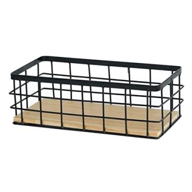Imagem de Cestas de armazenamento de arame, cesta retangular de metal para pendurar na parede com base de madeira, organizadores de despensa e armazenamento para cozinha e banheiro
