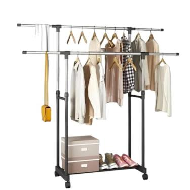 Imagem de Arara Cabideiro Duplo De Chão Para Roupas Com Sapateira E Rodinhas Regulável Armário Organizador(Cabideiro Grande)