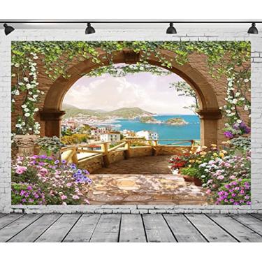 Imagem de BELECO Tecido de 3 x 2 metros de tecido mediterrâneo terraço cenário romântico portão de arco com folhas verdes, flores desabrochando, fundo da costa italiana, aniversário, festa de casamento, estúdio