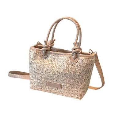 Imagem de Fiocias Bolsa de praia de praia Straw Bolsa presente reutilizável Mulheres portáteis Mulheres de ombro para ginástica de viagens ao ar livre de viagens ao ar, Bege