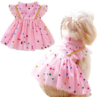 Imagem de Yaopelky Vestido de aniversário para cães pequenos com lantejoulas brilhantes para cães e gatos, vestido de tule para cachorrinho, saia tutu e gato, fantasia de animal de estimação para roupas Yorkie