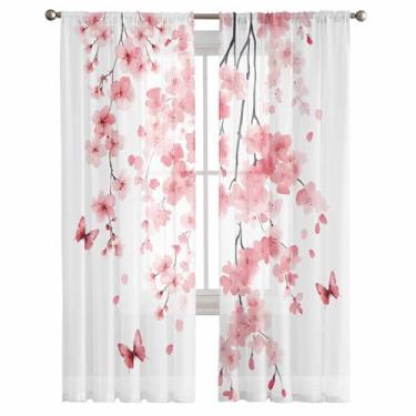 Imagem de EZON-CH Conjunto de 2 painéis de cortinas transparentes, flores de pêssego rosa, ramos, borboletas, cortinas, cortinas com bolso para varão, decoração para cozinha, quarto, sala de estar, persiana