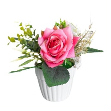 Imagem de FLCPJGV Flores artificiais em vasos, ornamento de rosas, decoração para casa, mesa, plantas falsas criativas com vaso, flores de seda em vaso para festa, café, Rosa Vermelha