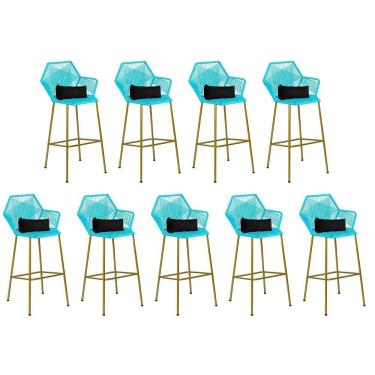 Imagem de Kit 09 Banqueta Alta Sttar Ferro Dourado Fibra Azul Turquesa Almofada Corino Preto - Amey Decor