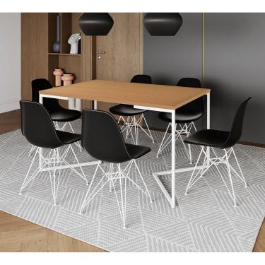 Imagem de Mesa Industrial Jantar Retangular 137X90Cm Canela Base V Com 6 Cadeiras Pretas Ferro Br Canela