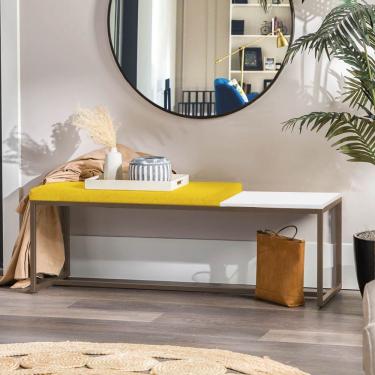 Imagem de Banco Recamier Puff 160cm Industrial Marrom Corino Amarelo Tampo Quadrado Mdf Branco