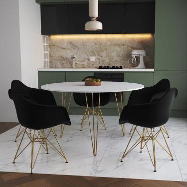 Imagem de Mesa Jantar Redonda 110Cm Branca Clips 3 Pés Com 5 Poltronas Pretas Base Dourada Marrom