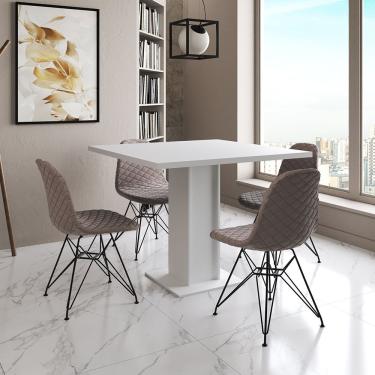 Imagem de Mesa Jantar Londres Quadrada Branca 90Cm 4 Cadeiras Estofadas Nude Médio Eames Ferro Preto