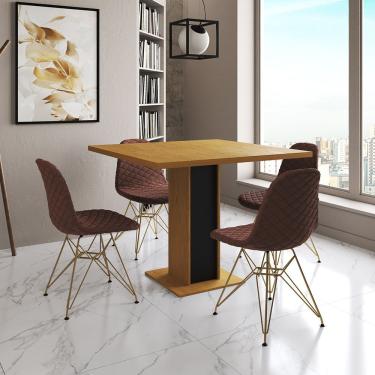 Imagem de Mesa Jantar Londres Quadrada Canela 90Cm Base Preta 4 Cadeiras Eames Estofadas Caramelo Base Dourado