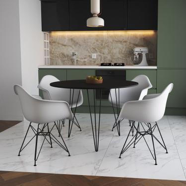 Imagem de Mesa Jantar Redonda 90Cm Preta Clips 3 Pés Com 4 Poltronas Brancas Ferro Preto Preto