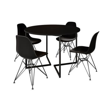 Imagem de Mesa Industrial Jantar Redonda Preta 110Cm Base V Com 4 Cadeiras Eames Pretas Ferro Preto Preto