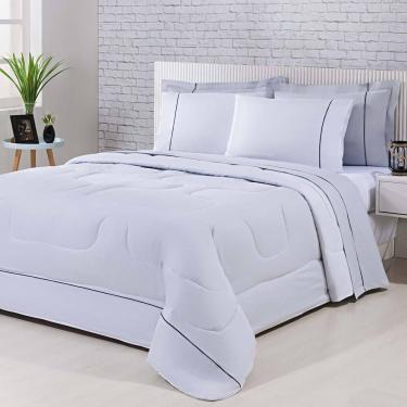 Imagem de Kit Edredom 100% Algodão Percal 150 Fios Dupla King + Jogo De Cama Gran Moratta 7 Peças Branco- Cinza