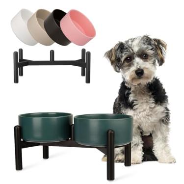 Imagem de Conjunto de tigelas elevadas de cerâmica para cães - Pratos duplos elevados com suporte de aço inoxidável - Tigelas de comida e água para cães pequenos a médios - cada uma comporta 2 xícaras (850 ml