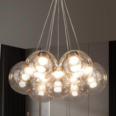 Imagem de FEAZAC Lustre Moderno Em Formato De Bolha, Com 7 Lâmpadas Vidro Transparente E Globo Led, Luminária Teto Pendente Dupla Utilização Haste Para Sala Jantar, Quarto Ilha Cozinha (Lâmpadas Led Incluídas