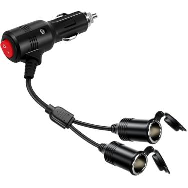 Imagem de Vrllinking Adaptador divisor de isqueiro de carro de 2 soquetes - Plugue de isqueiro de 12 V com interruptor liga/desliga, proteção contra sobrecarga e cabo de extensão Fusíveis de 15A para carros,