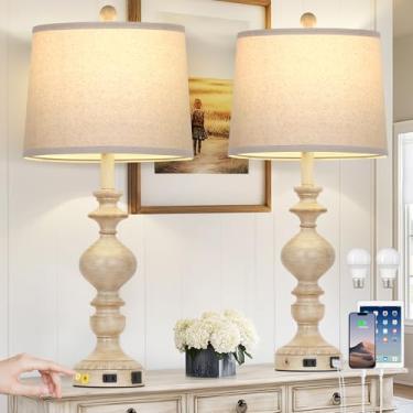 Imagem de CINSARY Conjunto De 2 Abajures Mesa Estilo Fazenda 28", Luminária Rústica Para Sala Estar Com Portas Usb C+A E Tomada Ca, Cabeceira Resina Controle Toque 3 Vias, Retrô Quarto, Bege