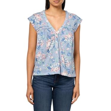 Imagem de Lucky Brand Camiseta feminina Henley com acabamento em renda estampada, Floral azul, G
