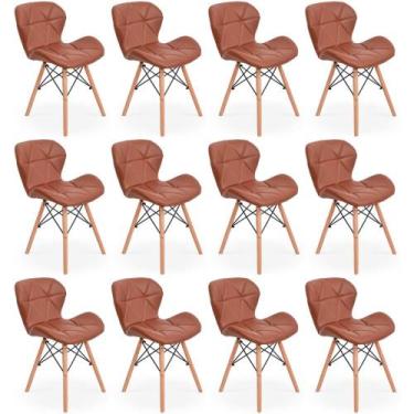 Imagem de Kit 12 Cadeiras de Jantar Charles Eames Slim Wood Estofada - Marrom - 