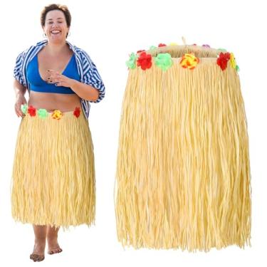Imagem de Mepase Saia de hula plus size para mulheres, ráfia, grama com flores, 137,2 x 76,2 cm, marrom, ajustável, natural, hula para festa havaiana Tiki da Lua, fantasia de Halloween