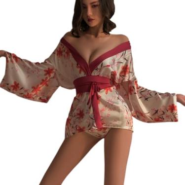 Imagem de SENJIY sexy kimono robe for women dress lingerie short costume cosplay Perspective open front Cute Deep V-Neck Floral Pattern japanese Yukata Anime Sleepwear suit Pajamas Side Slit outfit set white